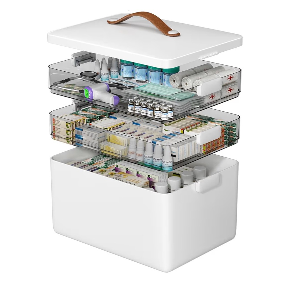 3-Tier White Medicine Organizer with Leather Handle Brand New